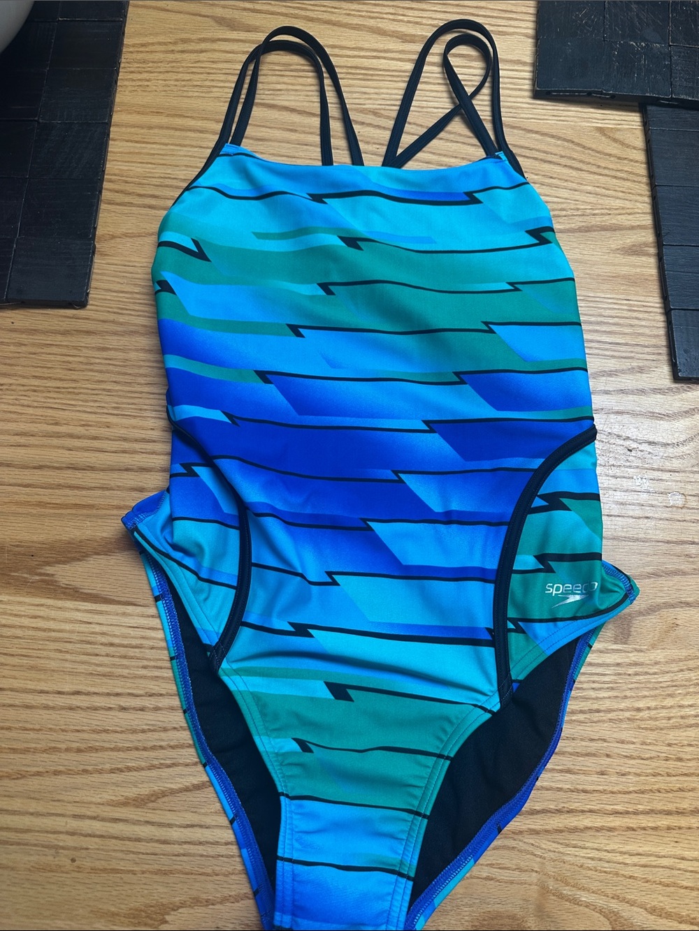 Speedo Blue Teal Striped Athletic One-Piece Swimsuit